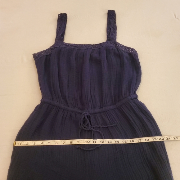 MICHAEL STARS Jodi Navy Blue Gauzy Cotton Cinch Waist Crochet Detail Jumpsuit L - Picture 8 of 12